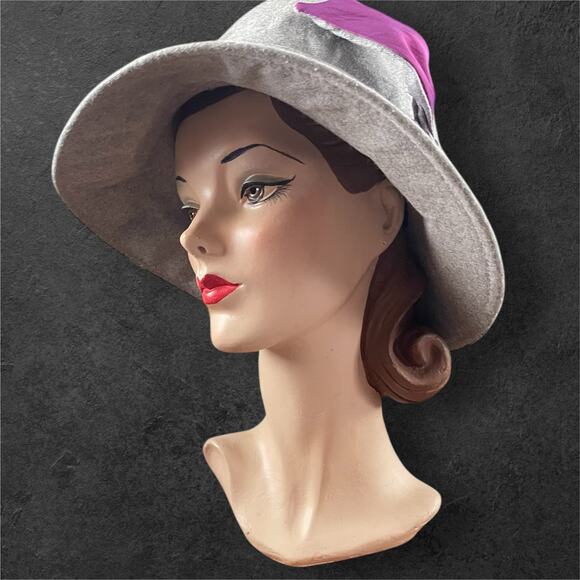 Kate Landry Grey 100% Wool Hat Wide Brim Cloche Purple Satin Ribbon ✨READ✨ - Picture 10 of 12